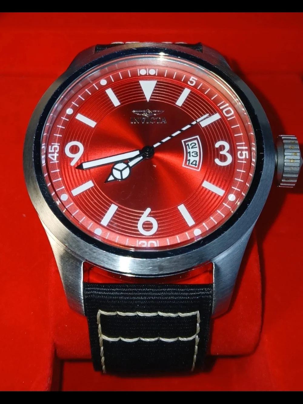 Invicta Aviator Mens Watch 50mm Red Dial Date Stainless Case Black Canvas Strap